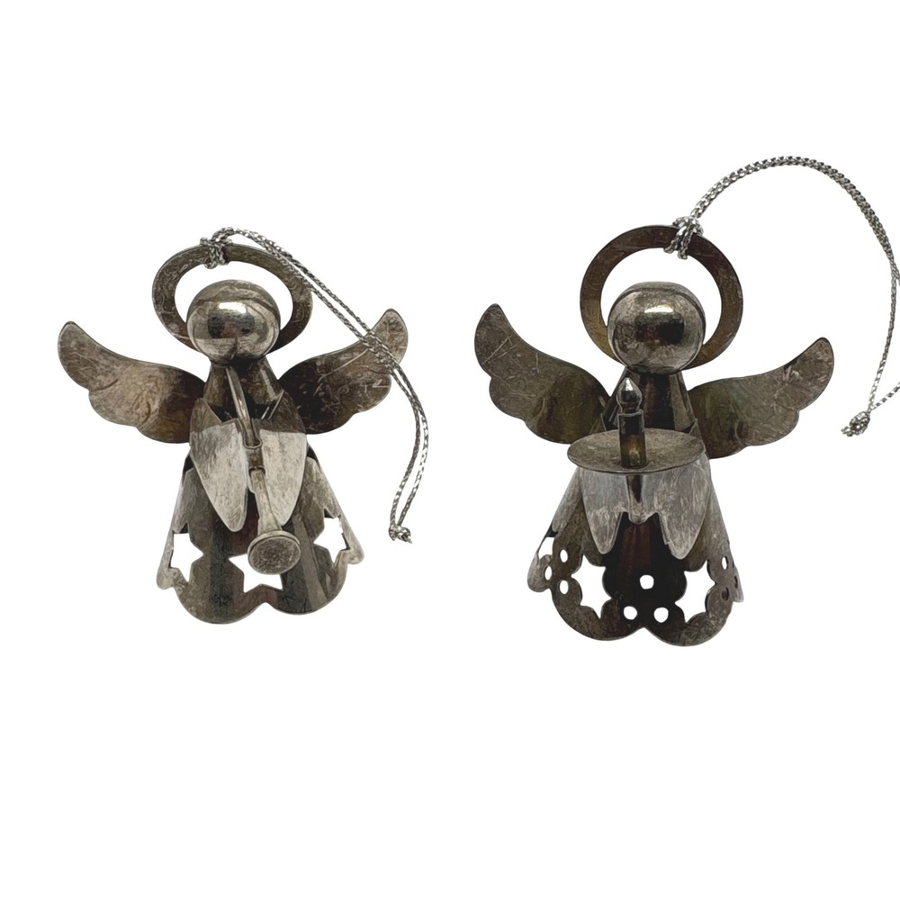 Silver Metal Angel Ornaments Set of 2 Trumpet Candle Star Cutouts Vintage